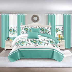 Quilted Bedspread & Curtain Set 9 Piece, Queen Size - Bedding Ensemble with Sheer Filtering Drapes, 1.6" Grommet Top, Machine Washable (Color: green rose, size: CAL KING)