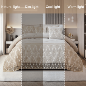 3-Piece Lace Embroidered Bedding Set (Queen/King/Cal King) - Quilted Microfiber Quilt + Pillow Shams (9 Colors) (Color: beige, size: QUEEN)