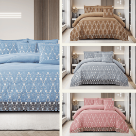 3-Piece Lace Embroidered Bedding Set (Queen/King/Cal King) - Quilted Microfiber Quilt + Pillow Shams (9 Colors) (Color: Pink, size: KING)