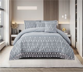 3-Piece Lace Embroidered Bedding Set (Queen/King/Cal King) - Quilted Microfiber Quilt + Pillow Shams (9 Colors) (Color: Blue, size: CAL KING)